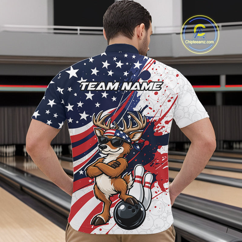 Splatter American Flag Custom Funny Patriotic Deer Bowling Men Quarter Zip Shirt, Team Uniform IPHW12257
