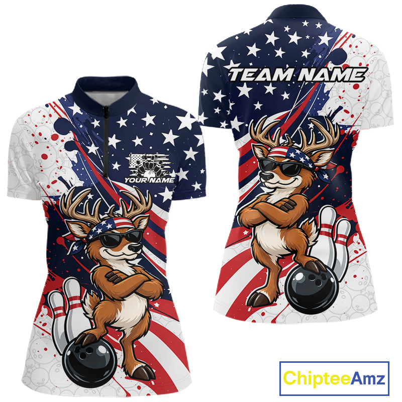 Splatter American Flag Custom Funny Patriotic Deer Bowling Women Quarter-Zip Shirt  IPHW12257