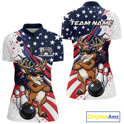 Splatter American Flag Custom Funny Patriotic Deer Bowling Women Quarter-Zip Shirt  IPHW12257