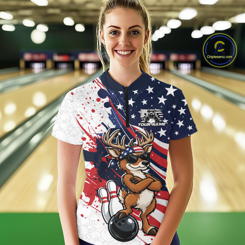 Splatter American Flag Custom Funny Patriotic Deer Bowling Women Quarter-Zip Shirt  IPHW12257