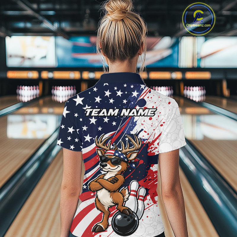 Splatter American Flag Custom Funny Patriotic Deer Bowling Women Quarter-Zip Shirt  IPHW12257