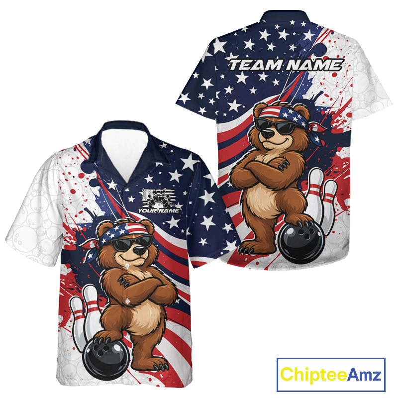 Splatter American Flag Custom Funny Patriotic Bear Bowling Men And Women Button Up Shirt, Team Uniform IPHW12258