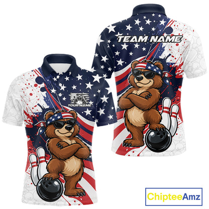 Splatter American Flag Custom Funny Patriotic Bear Bowling Men Polo Shirt, Team Uniform IPHW12258