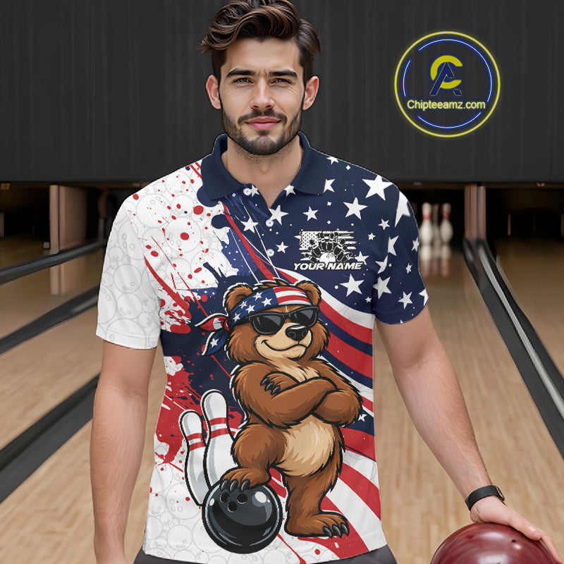 Splatter American Flag Custom Funny Patriotic Bear Bowling Men Polo Shirt, Team Uniform IPHW12258