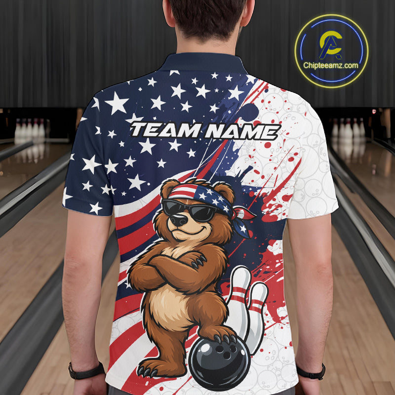 Splatter American Flag Custom Funny Patriotic Bear Bowling Men Polo Shirt, Team Uniform IPHW12258