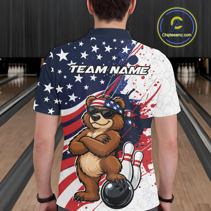 Splatter American Flag Custom Funny Patriotic Bear Bowling Men Polo Shirt, Team Uniform IPHW12258