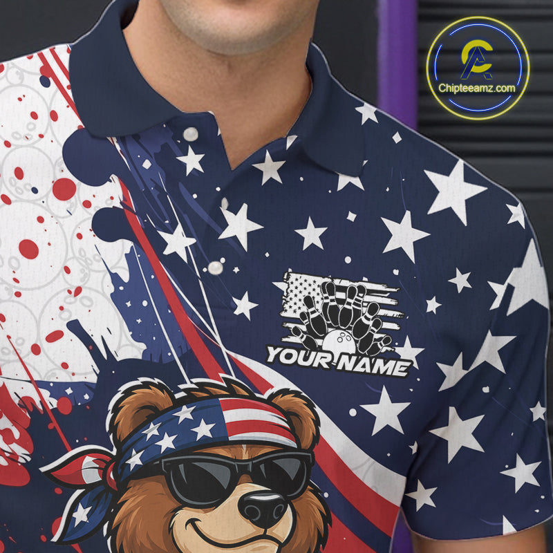 Splatter American Flag Custom Funny Patriotic Bear Bowling Men Polo Shirt, Team Uniform IPHW12258