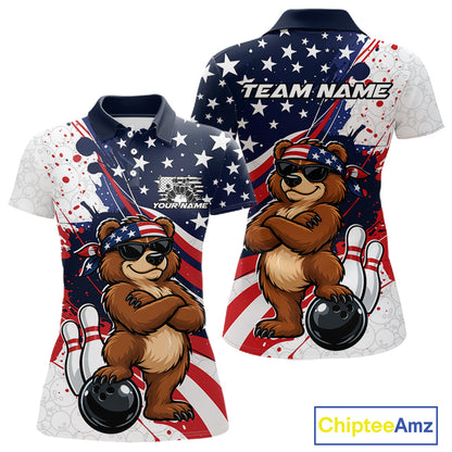 Splatter American Flag Custom Funny Patriotic Bear Bowling Women Polo Shirt, Team Uniform IPHW12258