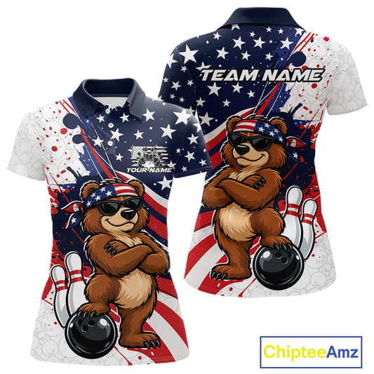 Splatter American Flag Custom Funny Patriotic Bear Bowling Women Polo Shirt, Team Uniform IPHW12258