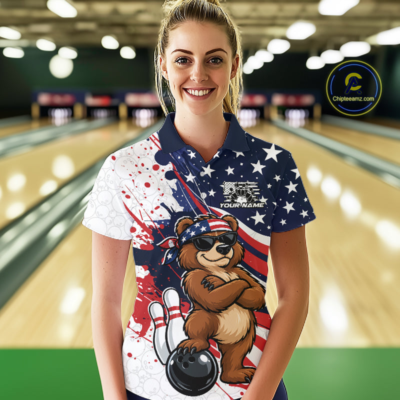 Splatter American Flag Custom Funny Patriotic Bear Bowling Women Polo Shirt, Team Uniform IPHW12258