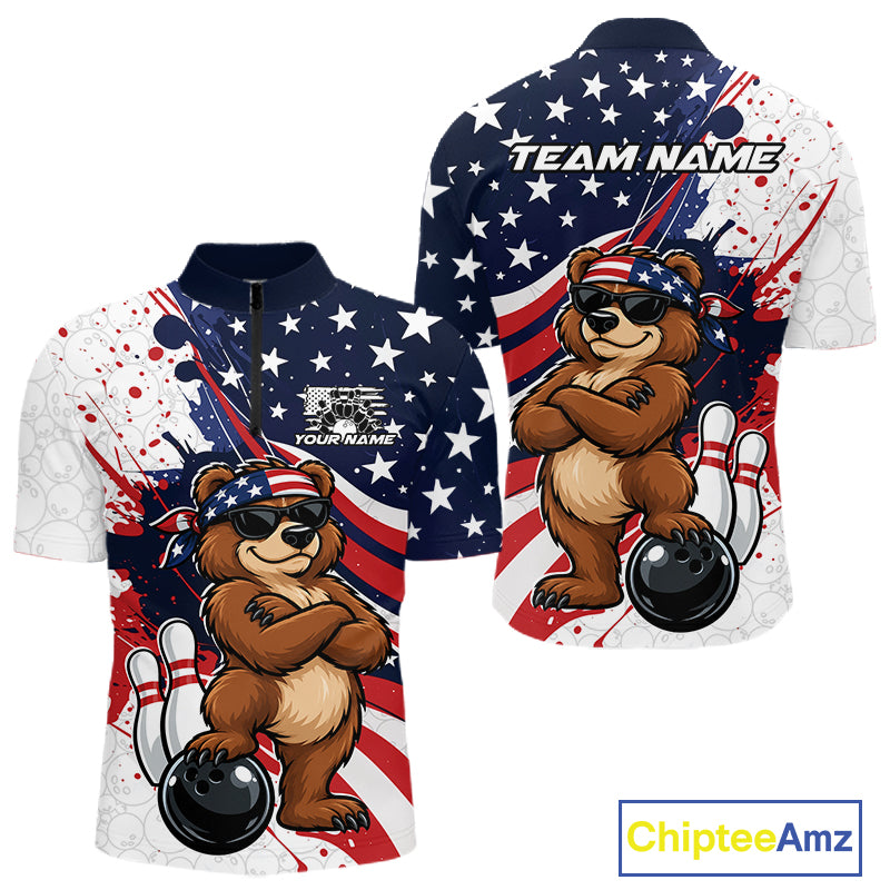 Splatter American Flag Custom Funny Patriotic Bear Bowling Men Quarter Zip Shirt, Team Uniform IPHW12258