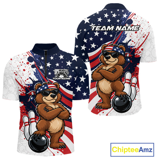 Splatter American Flag Custom Funny Patriotic Bear Bowling Men Quarter Zip Shirt, Team Uniform IPHW12258