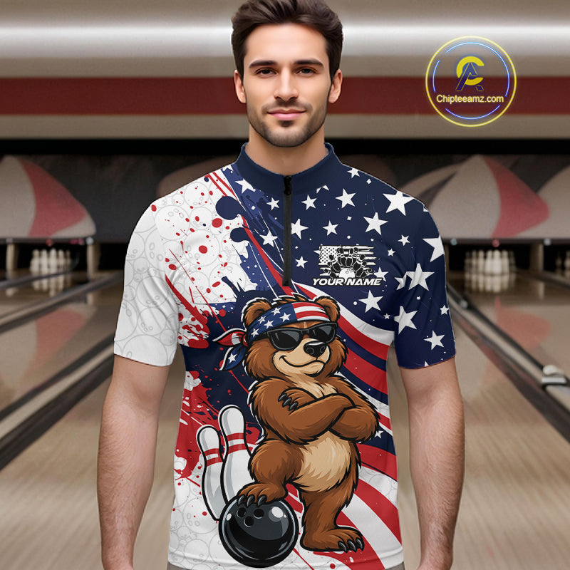 Splatter American Flag Custom Funny Patriotic Bear Bowling Men Quarter Zip Shirt, Team Uniform IPHW12258
