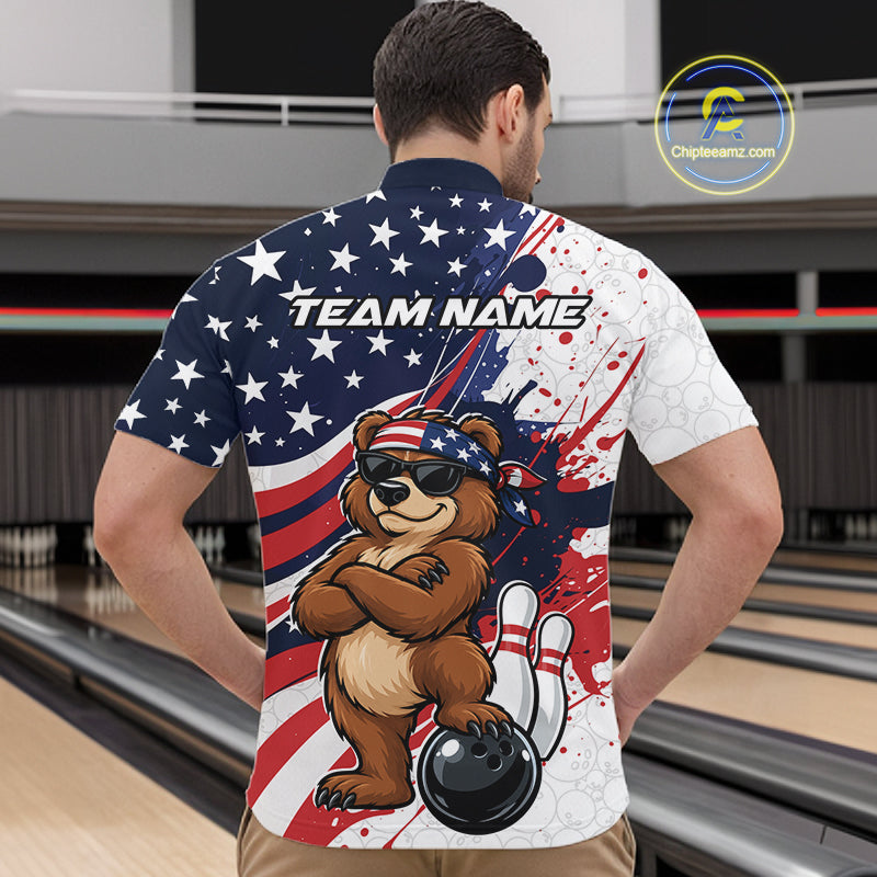 Splatter American Flag Custom Funny Patriotic Bear Bowling Men Quarter Zip Shirt, Team Uniform IPHW12258