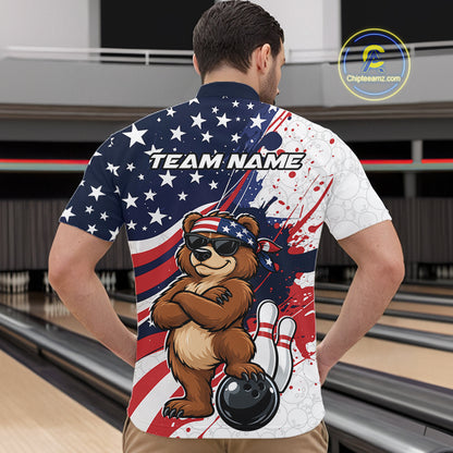 Splatter American Flag Custom Funny Patriotic Bear Bowling Men Quarter Zip Shirt, Team Uniform IPHW12258