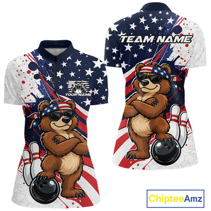 Splatter American Flag Custom Funny Patriotic Bear Bowling Women Quarter-Zip Shirt  IPHW12258