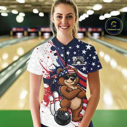 Splatter American Flag Custom Funny Patriotic Bear Bowling Women Quarter-Zip Shirt  IPHW12258