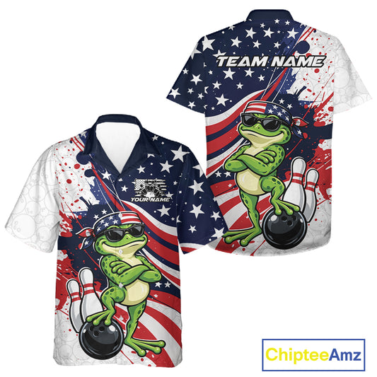 Splatter American Flag Custom Funny Patriotic Frog Bowling Men And Women Button Up Shirt, Team Uniform IPHW12259