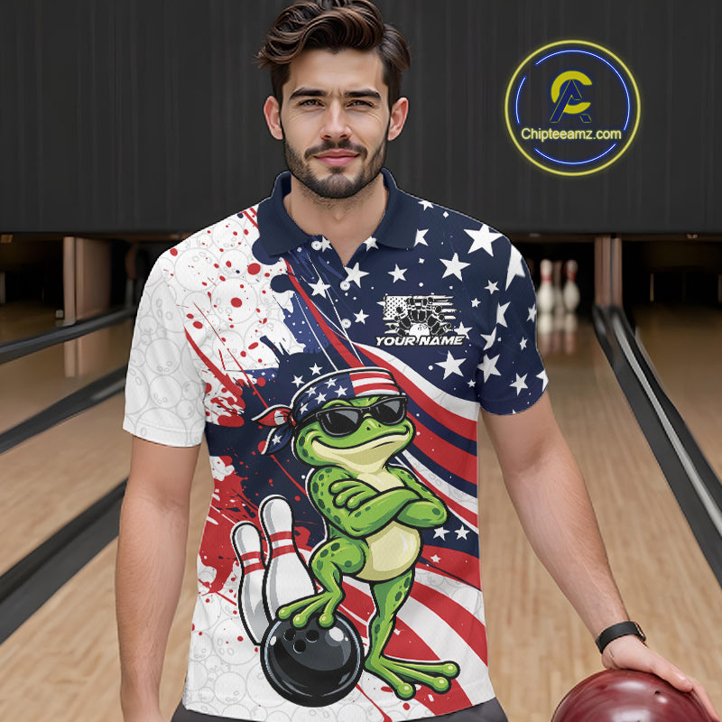 Splatter American Flag Custom Funny Patriotic Frog Bowling Men Polo Shirt, Team Uniform IPHW12259