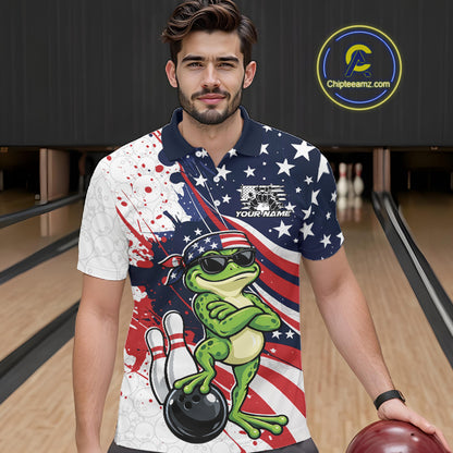 Splatter American Flag Custom Funny Patriotic Frog Bowling Men Polo Shirt, Team Uniform IPHW12259