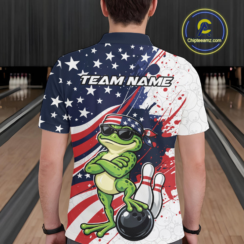 Splatter American Flag Custom Funny Patriotic Frog Bowling Men Polo Shirt, Team Uniform IPHW12259