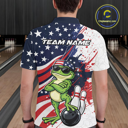 Splatter American Flag Custom Funny Patriotic Frog Bowling Men Polo Shirt, Team Uniform IPHW12259