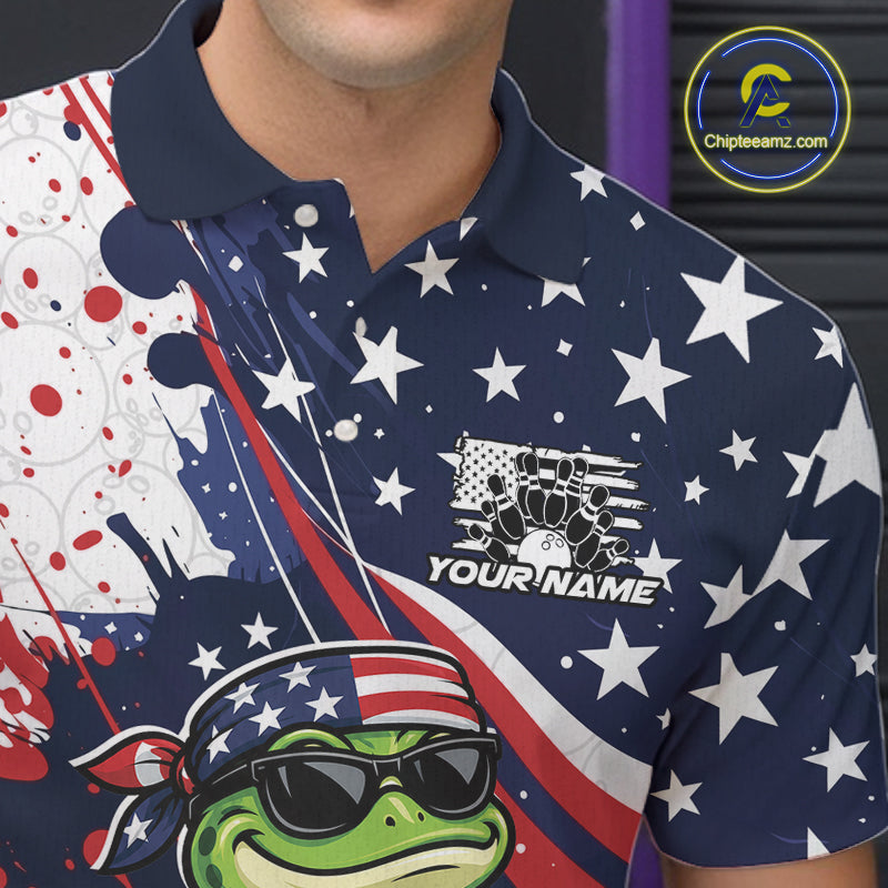 Splatter American Flag Custom Funny Patriotic Frog Bowling Men Polo Shirt, Team Uniform IPHW12259