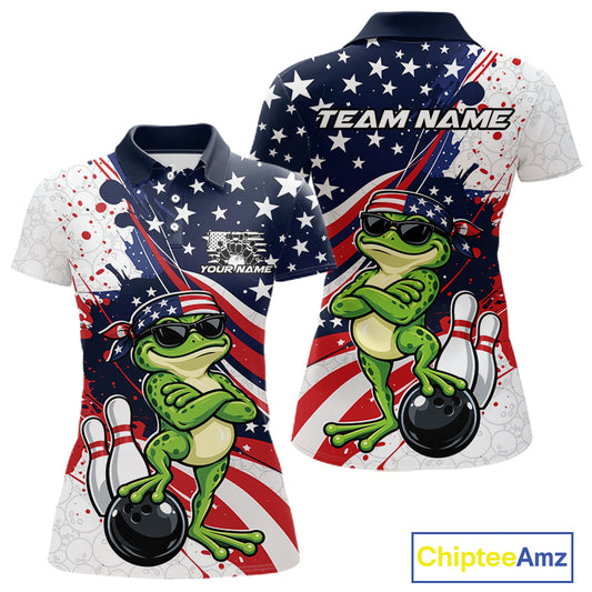 Splatter American Flag Custom Funny Patriotic Frog Bowling Women Polo Shirt, Team Uniform IPHW12259