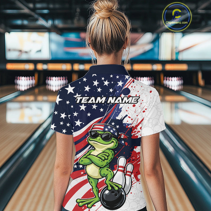 Splatter American Flag Custom Funny Patriotic Frog Bowling Women Polo Shirt, Team Uniform IPHW12259