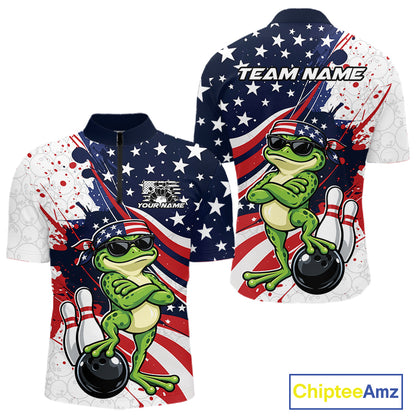 Splatter American Flag Custom Funny Patriotic Frog Bowling Men Quarter Zip Shirt, Team Uniform IPHW12259