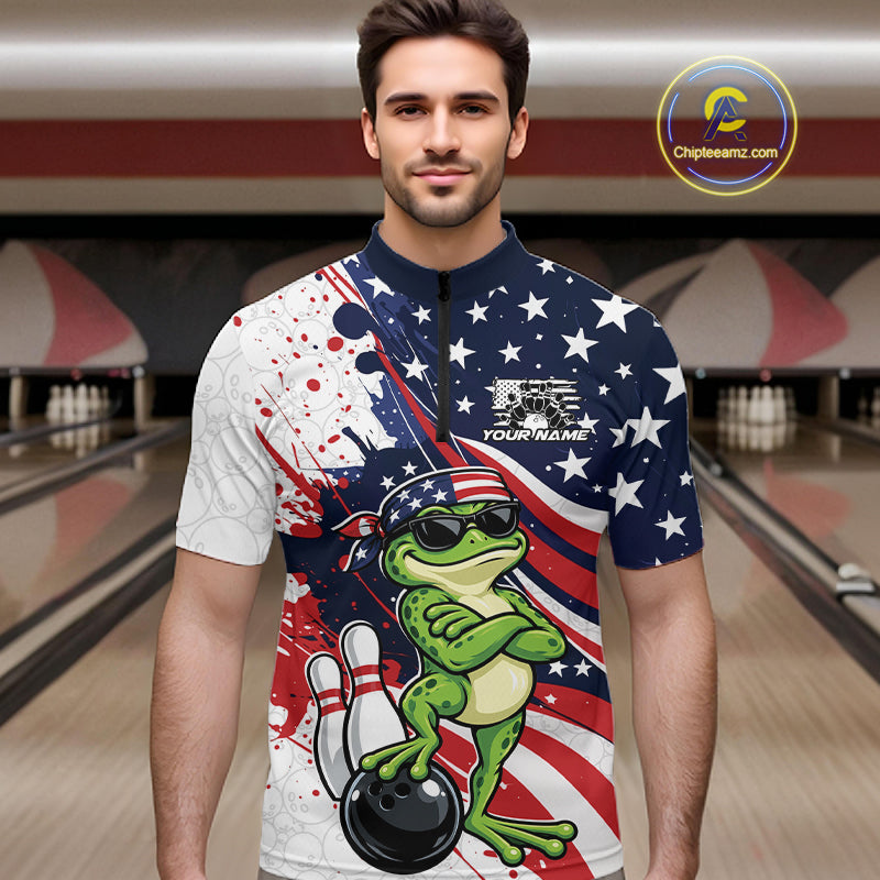 Splatter American Flag Custom Funny Patriotic Frog Bowling Men Quarter Zip Shirt, Team Uniform IPHW12259