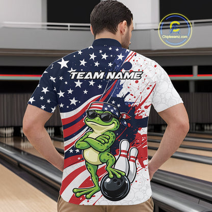 Splatter American Flag Custom Funny Patriotic Frog Bowling Men Quarter Zip Shirt, Team Uniform IPHW12259