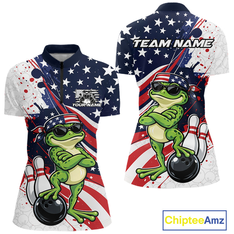 Splatter American Flag Custom Funny Patriotic Frog Bowling Women Quarter-Zip Shirt  IPHW12259