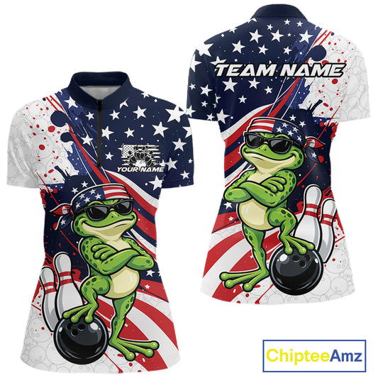Splatter American Flag Custom Funny Patriotic Frog Bowling Women Quarter-Zip Shirt  IPHW12259