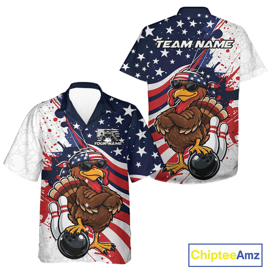 Splatter American Flag Custom Funny Patriotic Turkey Bowling Men And Women Button Up Shirt, Team Uniform IPHW12260