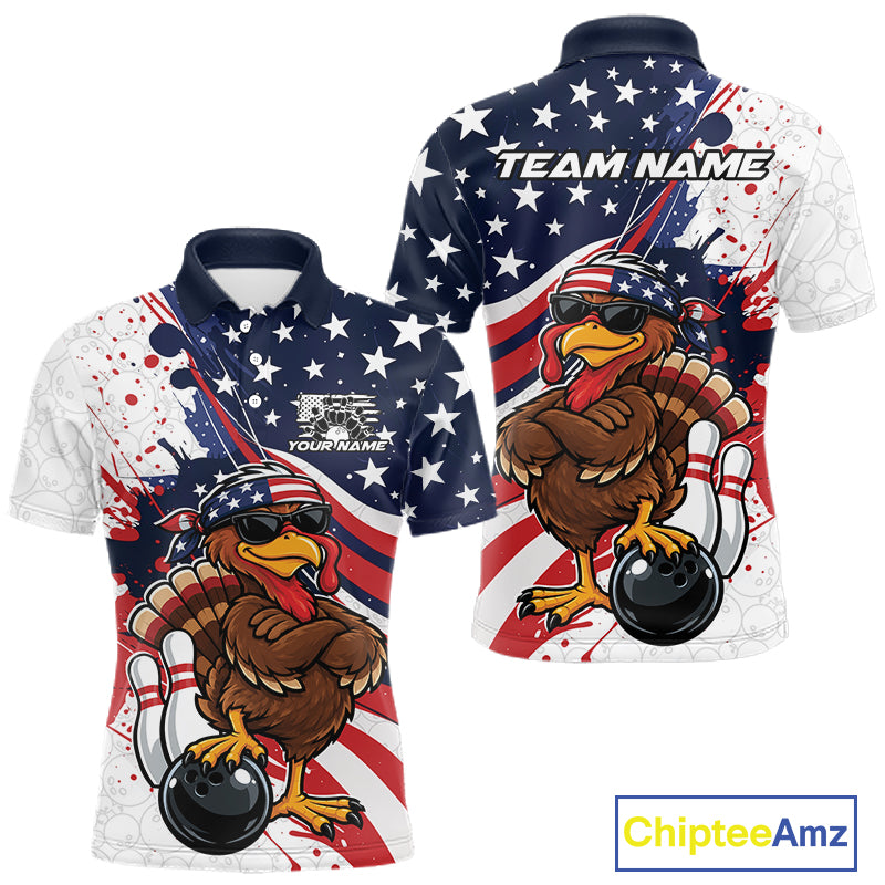 Splatter American Flag Custom Funny Patriotic Turkey Bowling Men Polo Shirt, Team Uniform IPHW12260