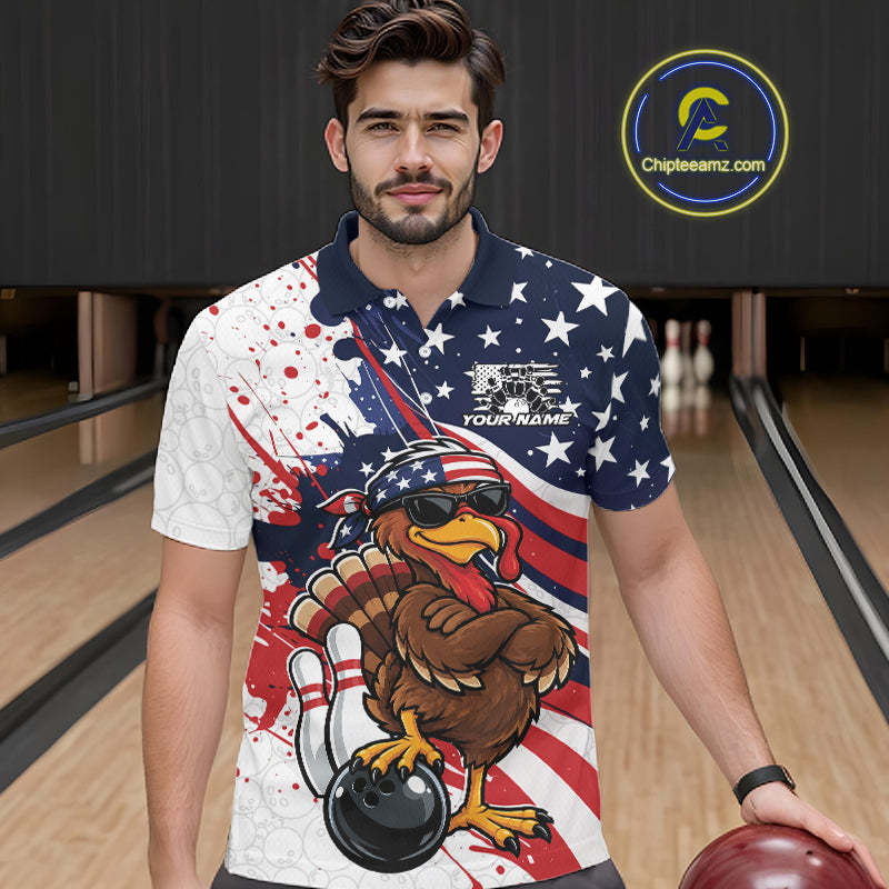 Splatter American Flag Custom Funny Patriotic Turkey Bowling Men Polo Shirt, Team Uniform IPHW12260