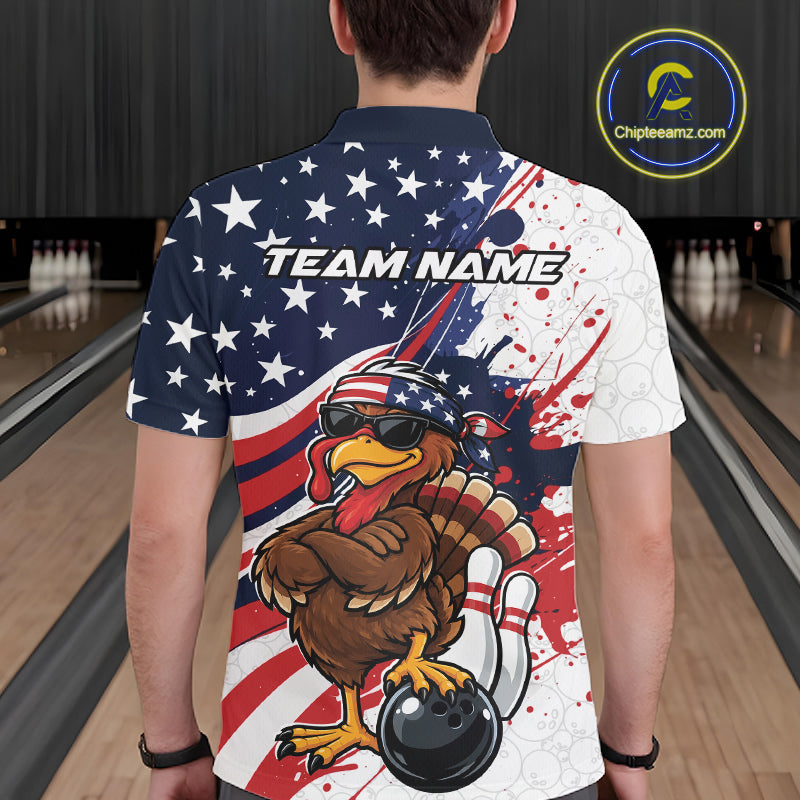 Splatter American Flag Custom Funny Patriotic Turkey Bowling Men Polo Shirt, Team Uniform IPHW12260