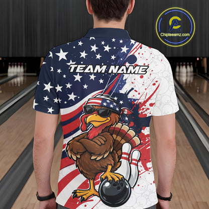 Splatter American Flag Custom Funny Patriotic Turkey Bowling Men Polo Shirt, Team Uniform IPHW12260