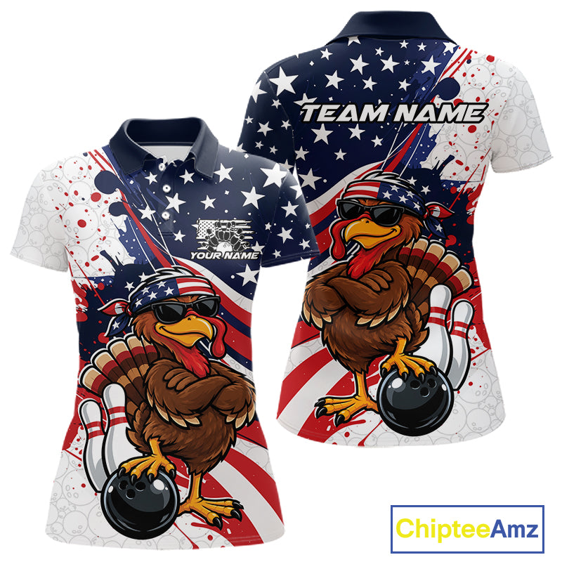 Splatter American Flag Custom Funny Patriotic Turkey Bowling Women Polo Shirt, Team Uniform IPHW12260