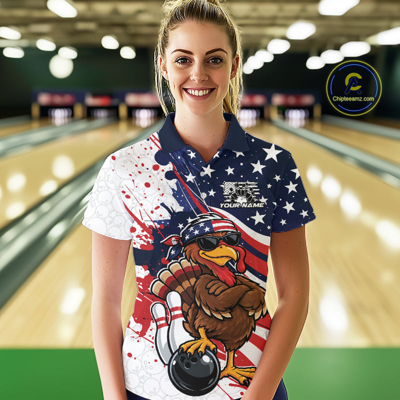 Splatter American Flag Custom Funny Patriotic Turkey Bowling Women Polo Shirt, Team Uniform IPHW12260