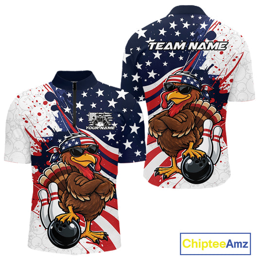 Splatter American Flag Custom Funny Patriotic Turkey Bowling Men Quarter Zip Shirt, Team Uniform IPHW12260