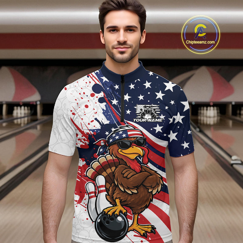 Splatter American Flag Custom Funny Patriotic Turkey Bowling Men Quarter Zip Shirt, Team Uniform IPHW12260