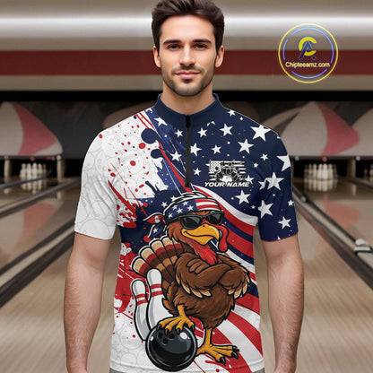 Splatter American Flag Custom Funny Patriotic Turkey Bowling Men Quarter Zip Shirt, Team Uniform IPHW12260