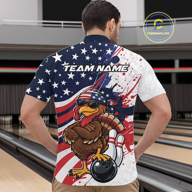 Splatter American Flag Custom Funny Patriotic Turkey Bowling Men Quarter Zip Shirt, Team Uniform IPHW12260