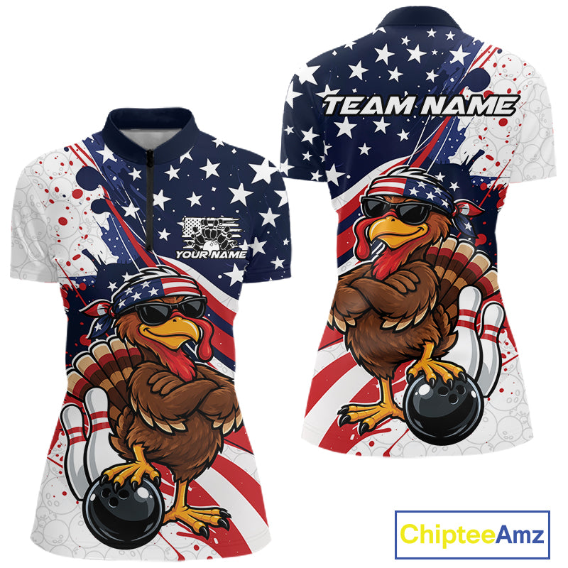 Splatter American Flag Custom Funny Patriotic Turkey Bowling Women Quarter-Zip Shirt  IPHW12260