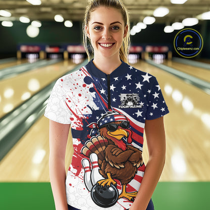 Splatter American Flag Custom Funny Patriotic Turkey Bowling Women Quarter-Zip Shirt  IPHW12260