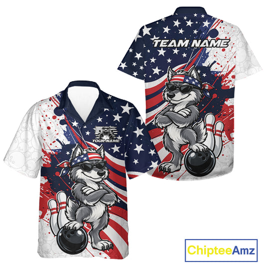 Splatter American Flag Custom Funny Patriotic Wolf Bowling Men And Women Button Up Shirt, Team Uniform IPHW12261