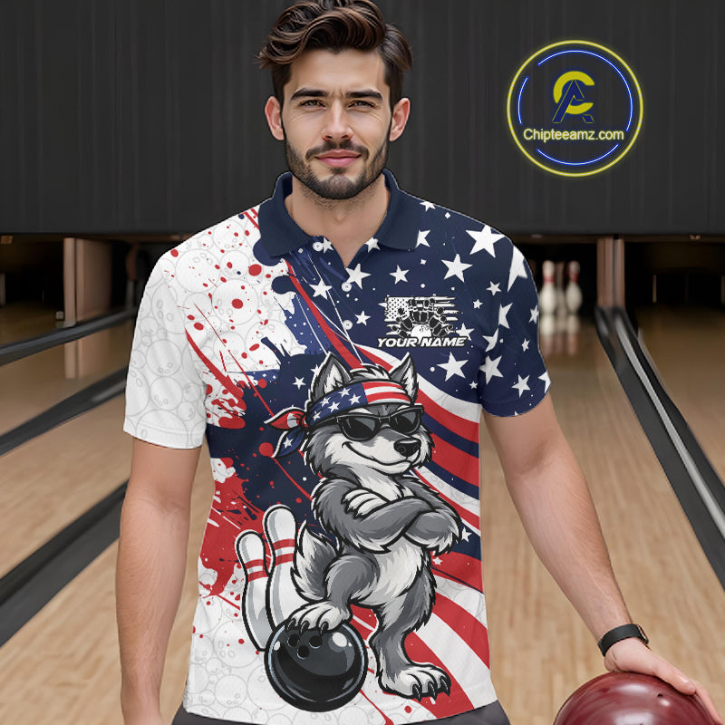 Splatter American Flag Custom Funny Patriotic Wolf Bowling Men Polo Shirt, Team Uniform IPHW12261