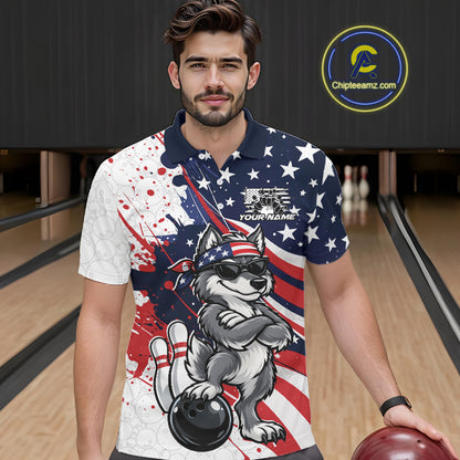 Splatter American Flag Custom Funny Patriotic Wolf Bowling Men Polo Shirt, Team Uniform IPHW12261